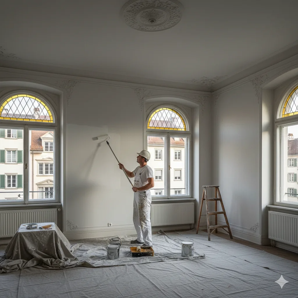 Maler streicht die Wand eines hellen Innenraums mit Rundbogenfenstern